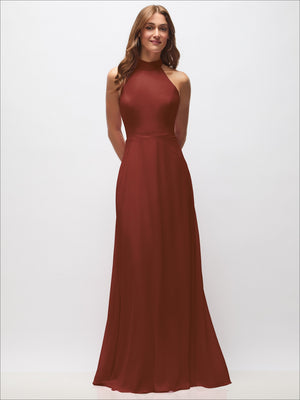 Terracotta rust high-neck halter backless maxi dress with fitted bodice and flowing skirt