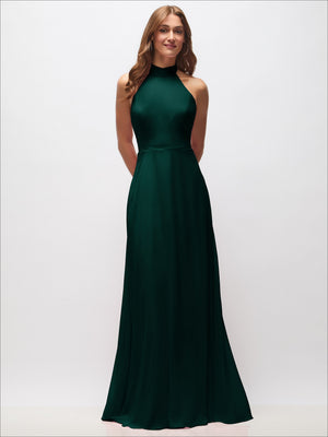 Dark green high-neck halter backless maxi dress with fitted bodice and flowing skirt
