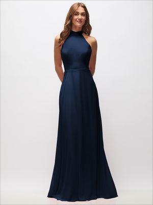 High-neck halter backless maxi dress in navy blue, sleeveless fitted bodice