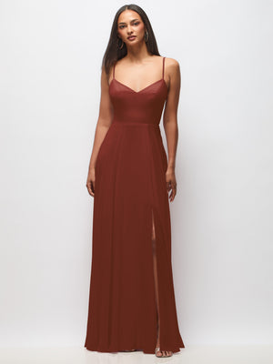 Women’s tie-back cutout maxi dress with front slit, rust-brown red