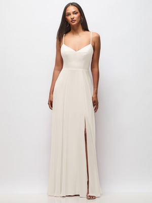 Ivory tie-back cutout maxi dress with spaghetti straps and front slit, full front view