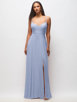 Powder blue tie-back cutout maxi dress with spaghetti straps and front slit