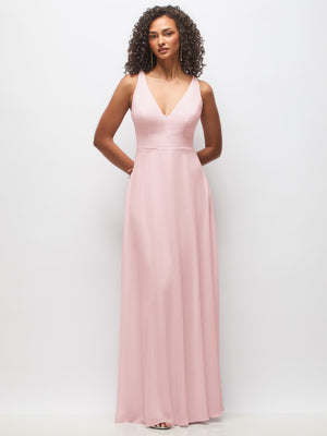 Blush deep V-neck chiffon maxi dress, sleeveless fitted bodice, flowing skirt