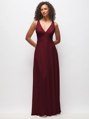 Deep plum chiffon maxi dress with deep V-neck, sleeveless, front view