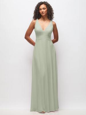 Sage green chiffon maxi dress front view with deep V-neck and soft, flowing fabric