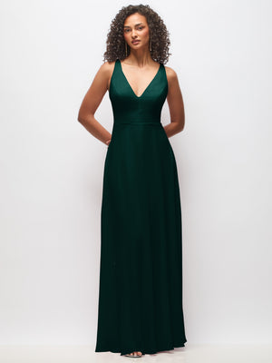 Sleeveless deep V-neck chiffon maxi dress in dark green with fitted waist