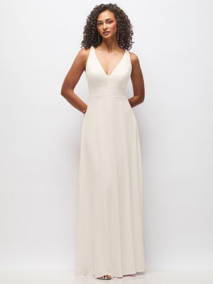 Ivory deep V-neck chiffon maxi dress, sleeveless fitted bodice and flowing skirt