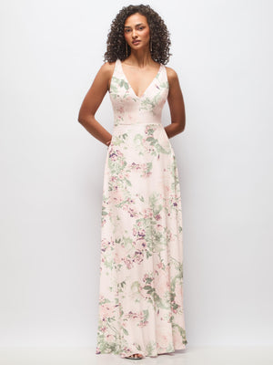 Chiffon maxi dress with deep V-neck, sleeveless, blush floral print
