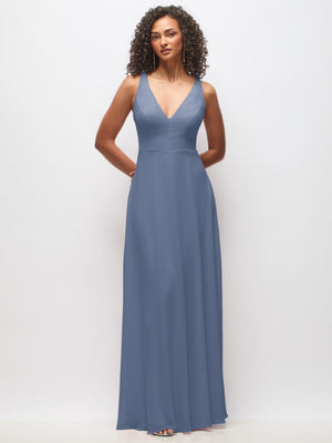 Blue chiffon maxi dress with deep V-neck, sleeveless fitted bodice, flowing skirt