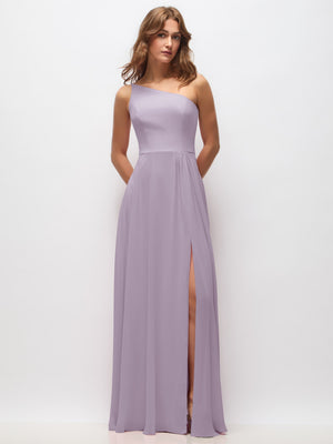 Lavender one-shoulder chiffon maxi dress with shirred waist and front slit
