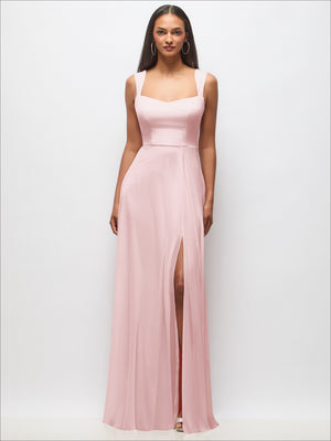 Blush sweetheart maxi dress with wide straps and long front slit