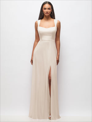 Contoured wide-strap sweetheart maxi dress in ivory, front slit, sleeveless front view.