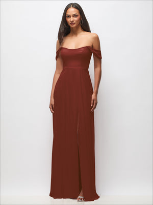 Rose-brown off-shoulder maxi dress with basque waist and flounce sleeves, side slit