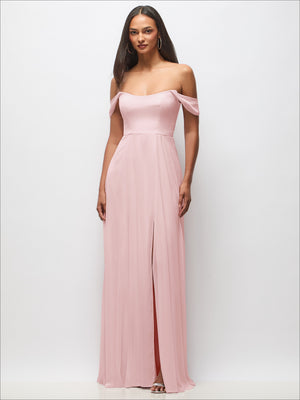 Blush pink off-shoulder basque maxi dress with flounce sleeves and front slit