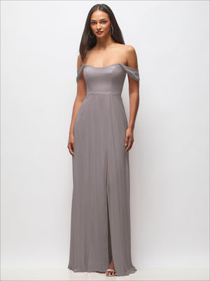 Soft lavender off-shoulder maxi dress with flounce sleeves and side slit
