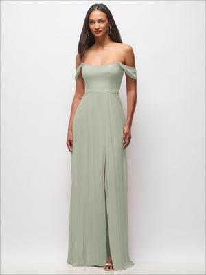 Sage green off-shoulder basque maxi dress with flounce sleeves, front slit detail