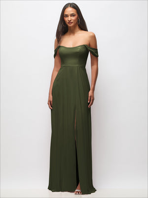 Green off-shoulder basque waist maxi dress with flounce sleeves and front slit