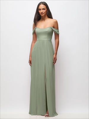 Green off-shoulder basque waist maxi dress with flounce sleeves and front slit