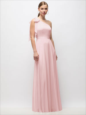 Blush one-shoulder draped maxi dress with scarf bow detail, front view