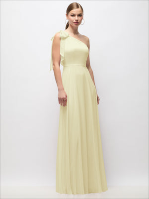 Light yellow draped one-shoulder maxi dress with scarf bow, front view