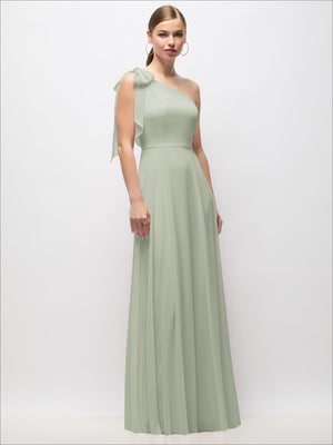 Sage-green draped one-shoulder maxi dress, front view with pleated skirt