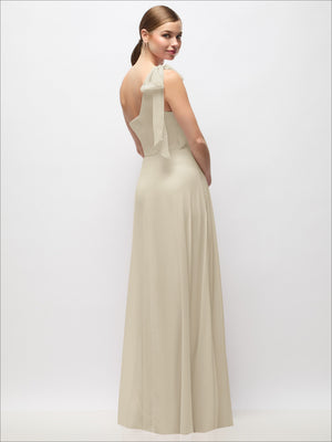 Draped one-shoulder maxi dress in cream with scarf bow detail