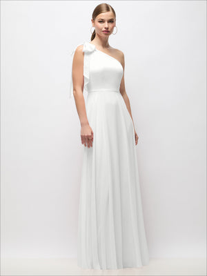 Ivory draped one-shoulder maxi dress with scarf bow detail and pleated skirt