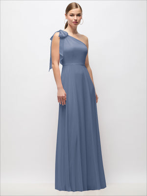 Dusty blue one-shoulder maxi dress with draped bodice and flowing skirt