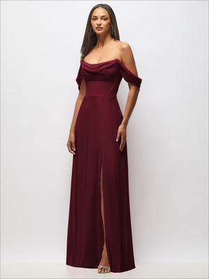 Burgundy chiffon corset maxi dress with off-shoulder draped swags and thigh slit