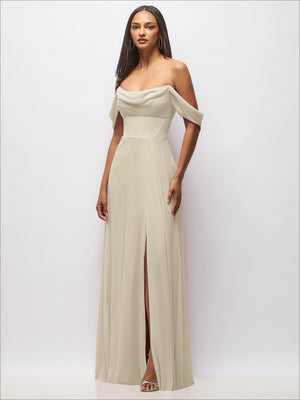 Ivory chiffon corset maxi dress with removable off-the-shoulder swags and side slit