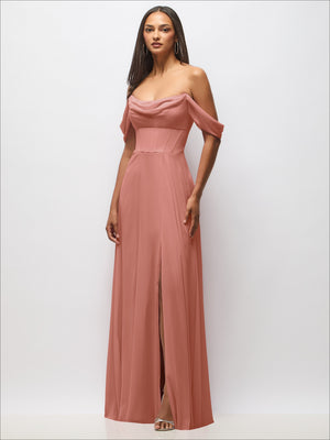 Rose pink chiffon maxi corset dress with removable off-shoulder swags and side slit