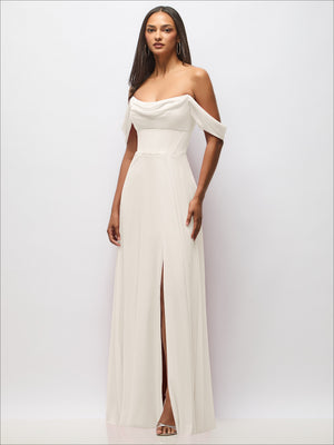 White chiffon corset maxi dress with removable off-the-shoulder swags and front slit