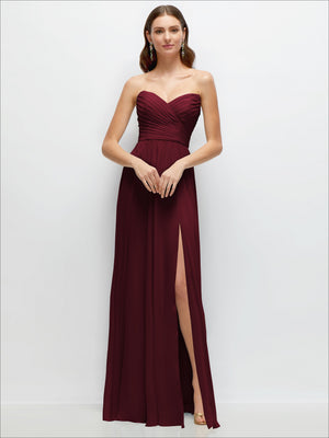 Burgundy strapless pleated chiffon maxi dress with ruched sweetheart bodice and side slit