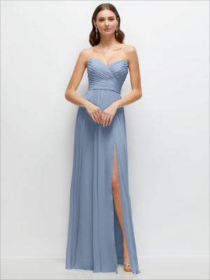 Strapless pleated chiffon maxi dress in dusty blue with ruched bodice and side slit