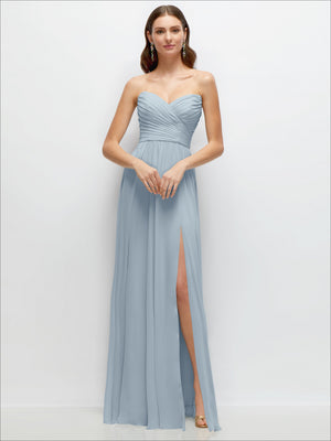 Strapless pleated chiffon maxi dress in dusty blue with ruched strapless neckline and slit