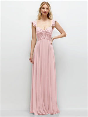 Blush pink chiffon maxi dress with ruffled shoulder detail and ruched sweetheart neckline