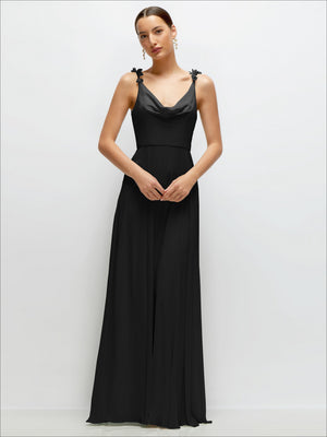 Cowl neck chiffon maxi dress with petal straps, black draped neckline and long flowing skirt