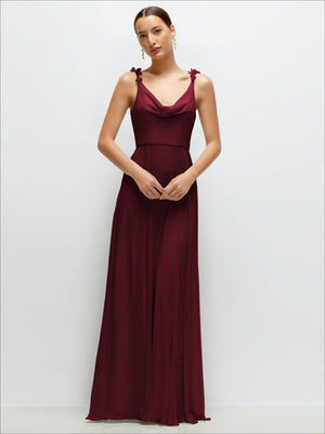 Burgundy cowl-neck chiffon maxi dress with draped cowl bodice and thin shoulder straps