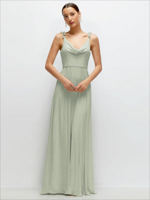 Mint green chiffon maxi dress with cowl neckline, fitted waist, and petal straps