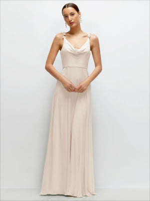 Cowl-neck chiffon maxi dress with draped cowl neckline and spaghetti straps, cream color