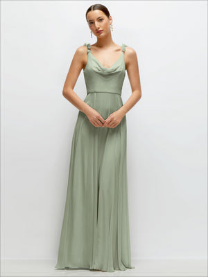 Cowl-neck chiffon maxi dress in muted teal-green with draped cowl neckline and narrow straps