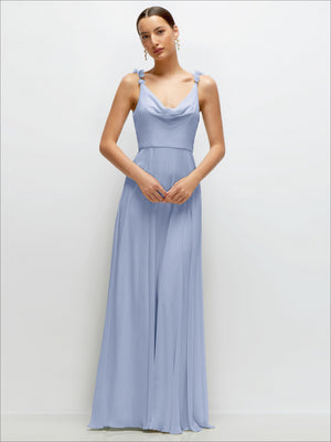 Chiffon cowl-neck maxi dress in light blue with draped neckline and petal straps