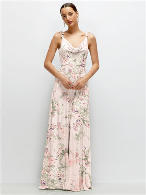 Blush floral chiffon maxi dress with draped cowl neckline and thin straps