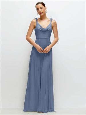 Solid chiffon maxi dress with cowl neckline and spaghetti straps, dusty blue