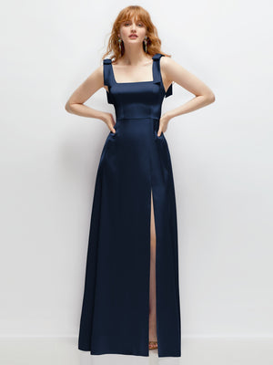 Midnight navy square-neck satin maxi dress with bow straps and side slit