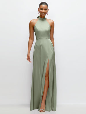 Sage satin halter maxi dress with backless cutout and front thigh slit