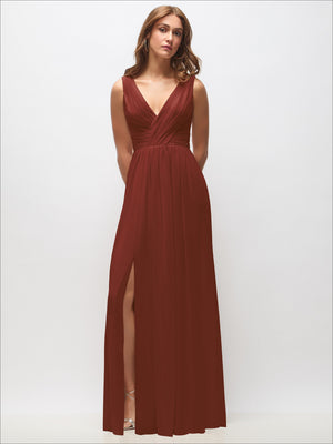 Burgundy draped chiffon maxi dress with sleeveless V-neck and thigh-high front slit
