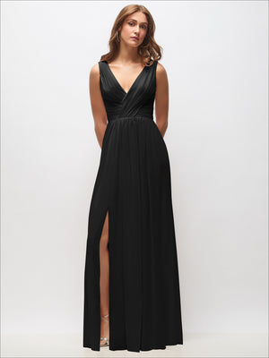 Sleeveless chiffon maxi dress in black, draped V-neck, front slit
