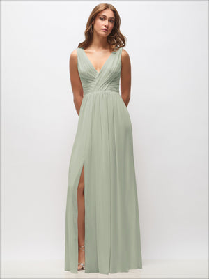 Sage green sleeveless draped chiffon maxi dress with gathered waist and front slit