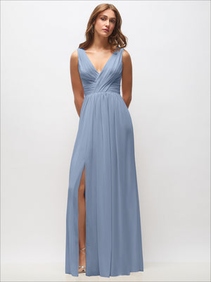Light blue sleeveless draped maxi dress with gathered waist and front slit